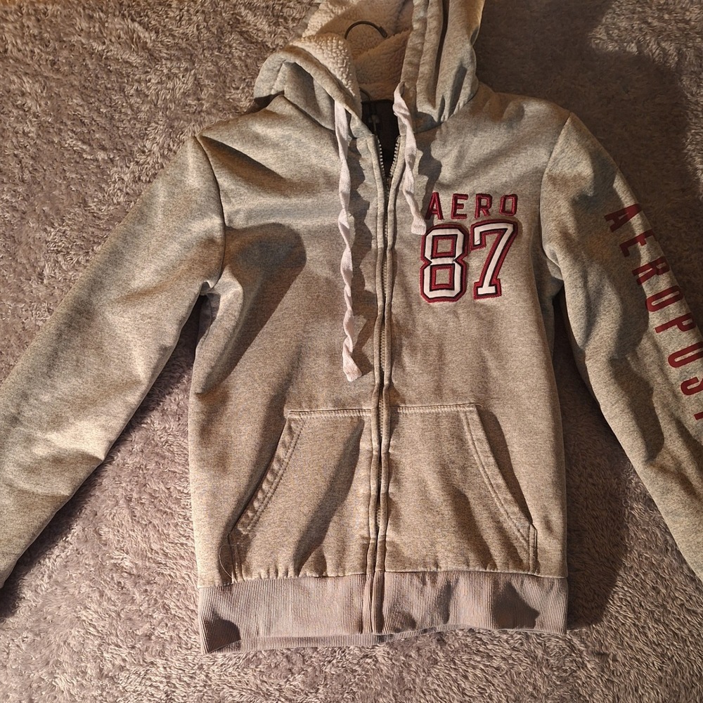 Aeropostale Full Zip Hoodie AERO 87 Graphic Heather Gray Sweatshirt‎ Men's Small
